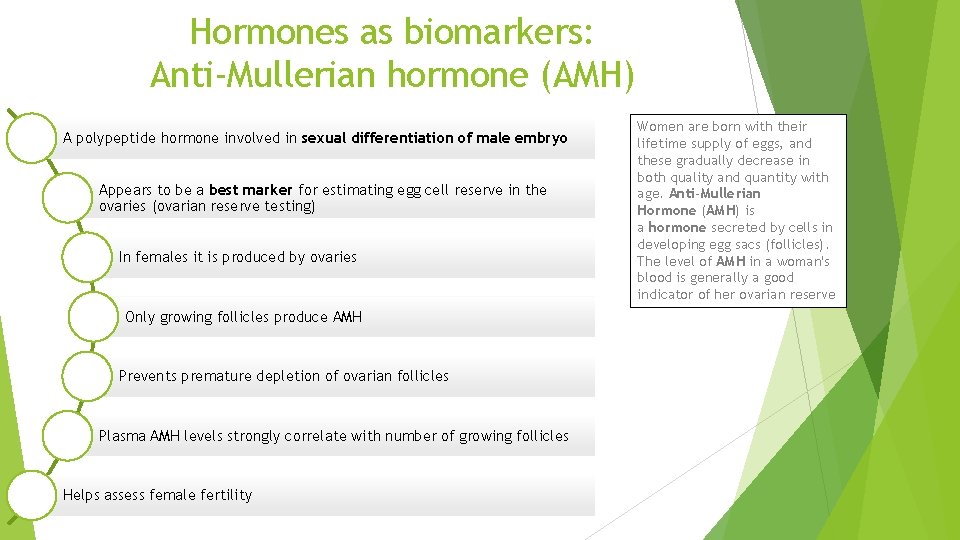 Hormones as biomarkers: Anti-Mullerian hormone (AMH) A polypeptide hormone involved in sexual differentiation of