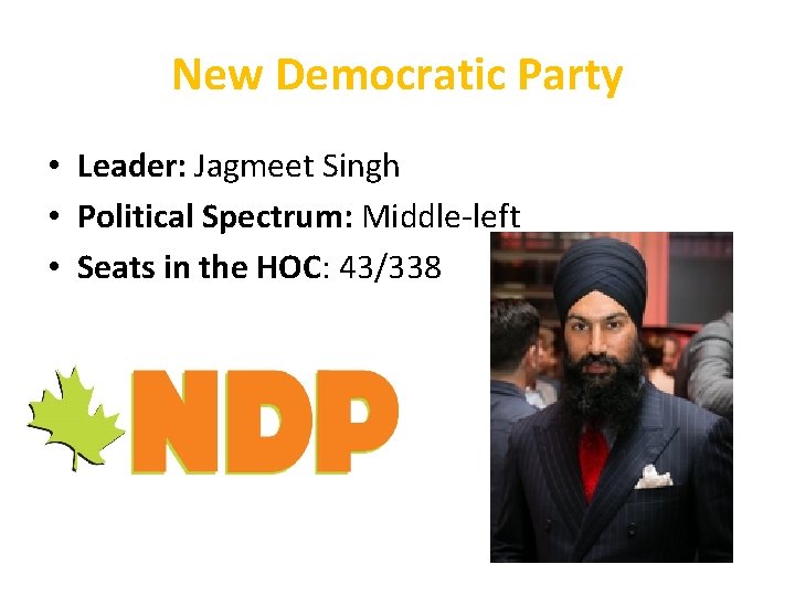 New Democratic Party • Leader: Jagmeet Singh • Political Spectrum: Middle-left • Seats in
