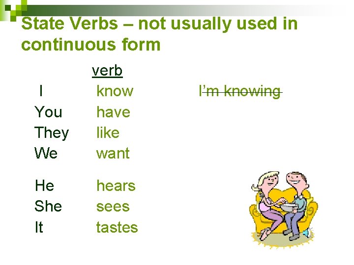 State Verbs – not usually used in continuous form I You They We verb