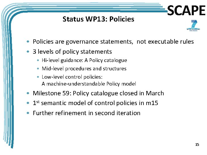 Status WP 13: Policies SCAPE • Policies are governance statements, not executable rules •