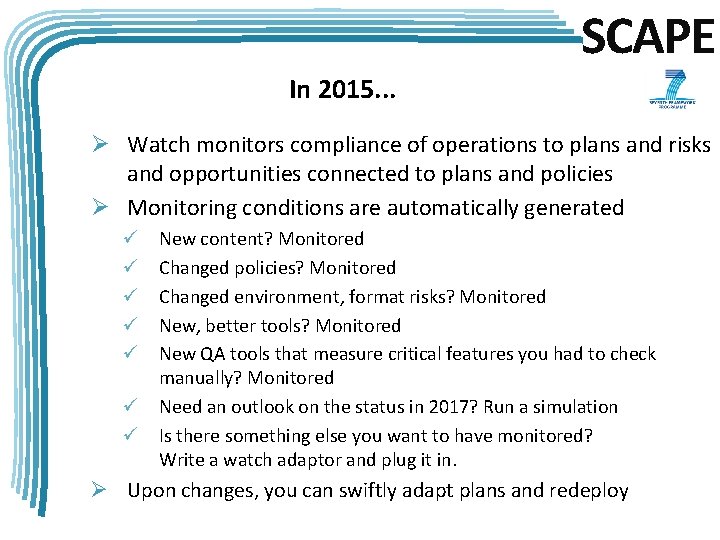 SCAPE In 2015. . . Ø Watch monitors compliance of operations to plans and
