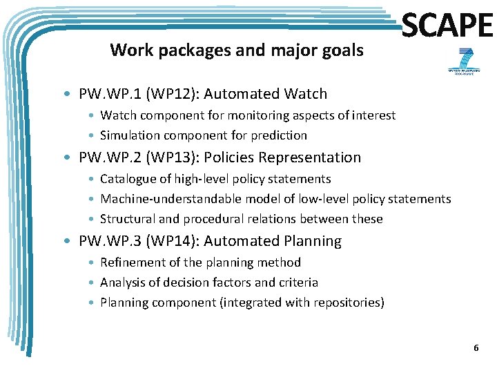 Work packages and major goals SCAPE • PW. WP. 1 (WP 12): Automated Watch