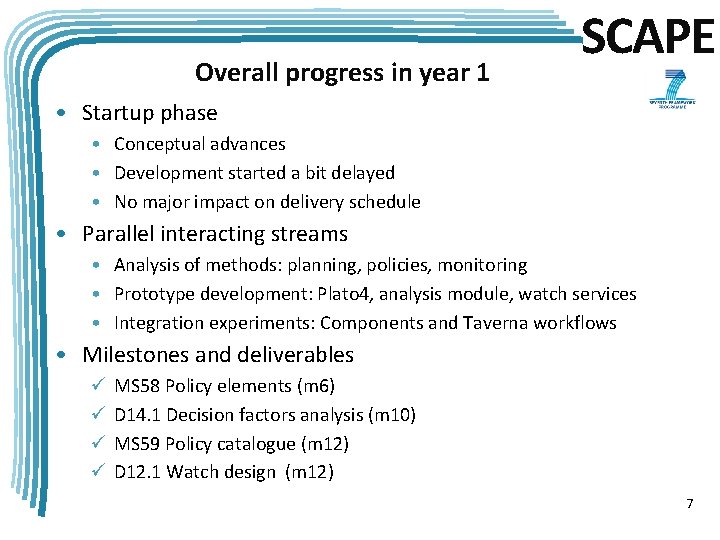 Overall progress in year 1 SCAPE • Startup phase • Conceptual advances • Development