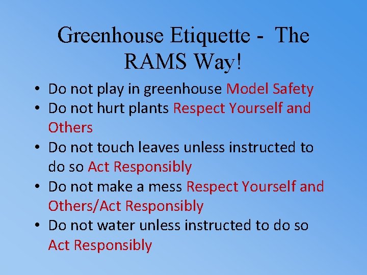 Greenhouse Etiquette - The RAMS Way! • Do not play in greenhouse Model Safety