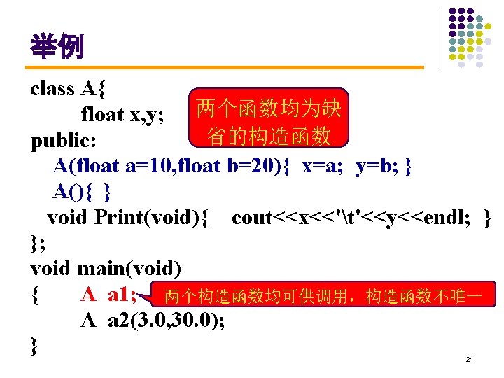 举例 class A{ float x, y; 两个函数均为缺 省的构造函数 public: A(float a=10, float b=20){ x=a;