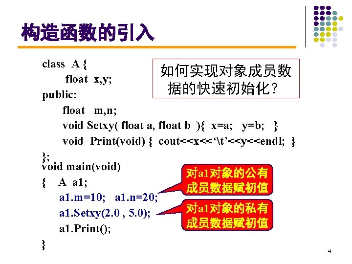 构造函数的引入 class A { 如何实现对象成员数 float x, y; 据的快速初始化？ public: float m, n; void