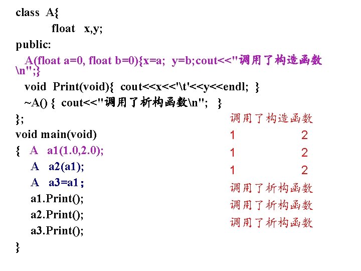 class A{ float x, y; public: A(float a=0, float b=0){x=a; y=b; cout<<"调用了构造函数 n"; }