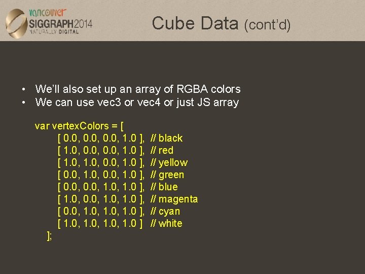 Cube Data (cont’d) • We’ll also set up an array of RGBA colors •