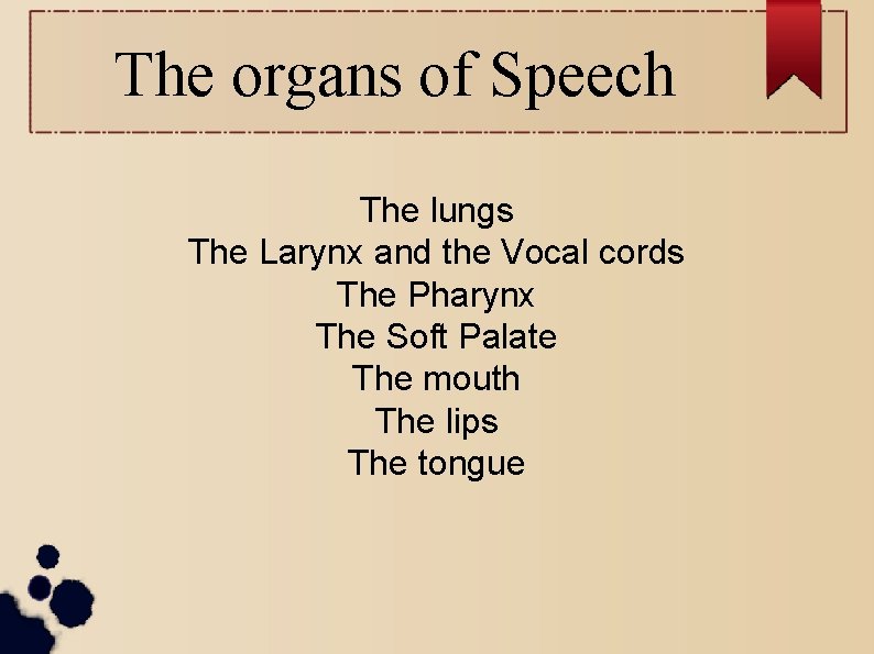 The organs of Speech The lungs The Larynx and the Vocal cords The Pharynx