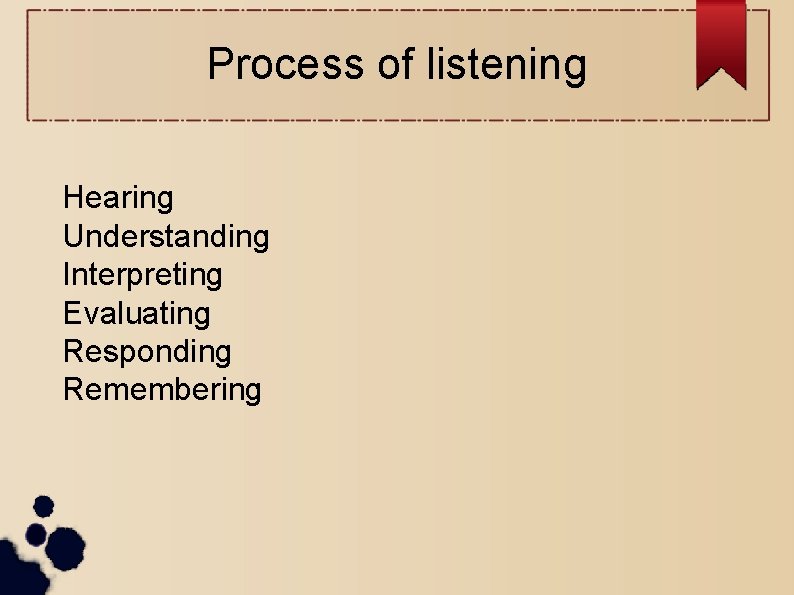 Process of listening Hearing Understanding Interpreting Evaluating Responding Remembering 