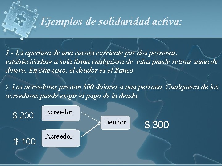 Ejemplos de solidaridad activa: 1. - La apertura de una cuenta corriente por dos