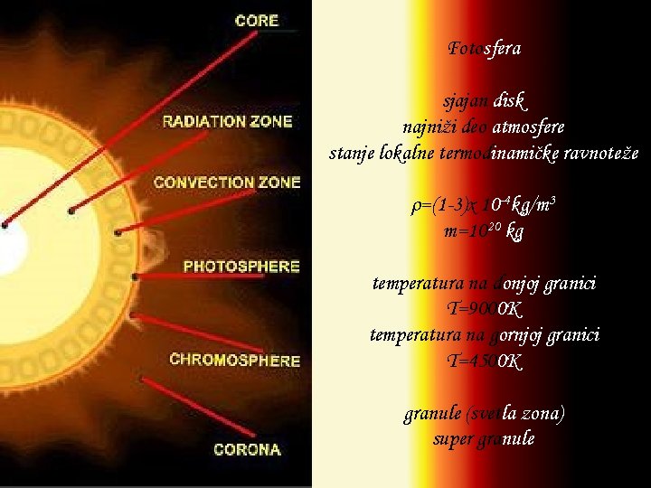 Fotosfera sjajan disk najniži deo atmosfere stanje lokalne termodinamičke ravnoteže ρ=(1 -3)x 10 -4