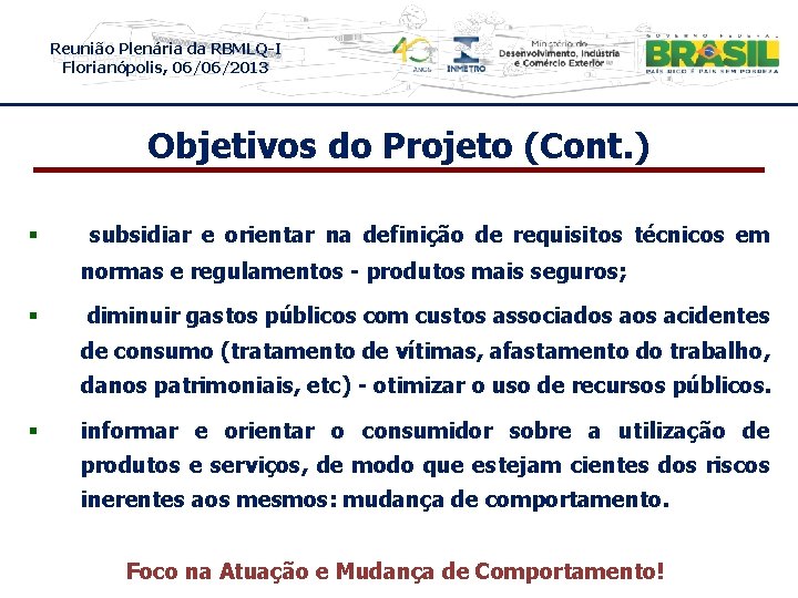Reunião Plenária da RBMLQ-I Florianópolis, 06/06/2013 Objetivos do Projeto (Cont. ) § subsidiar e