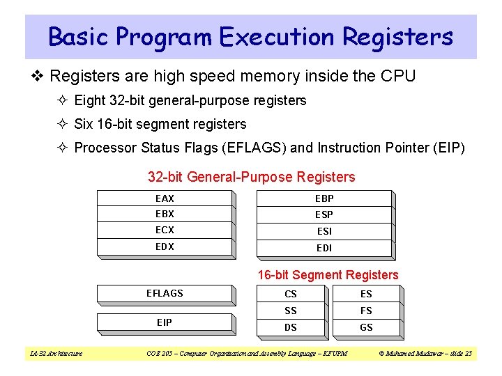 Basic Program Execution Registers v Registers are high speed memory inside the CPU ²