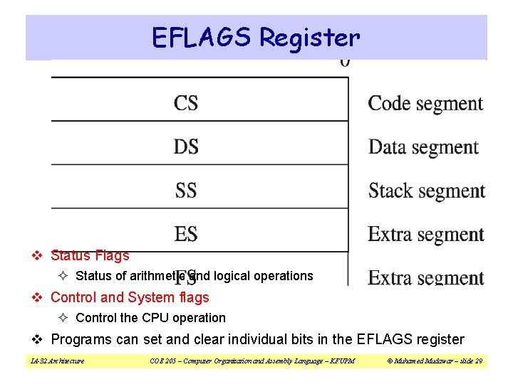 EFLAGS Register v Status Flags ² Status of arithmetic and logical operations v Control
