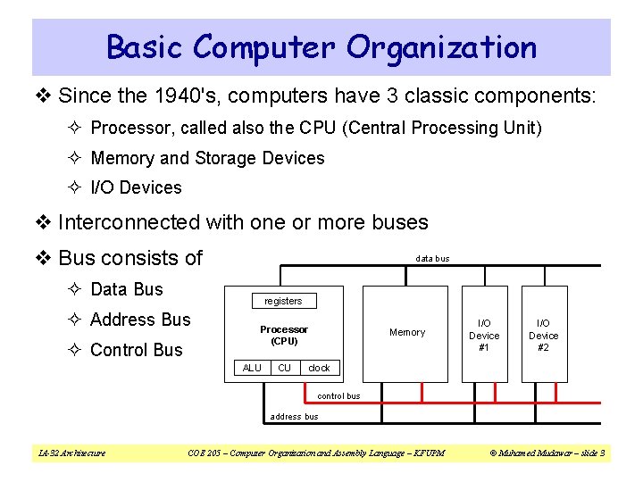 Basic Computer Organization v Since the 1940's, computers have 3 classic components: ² Processor,