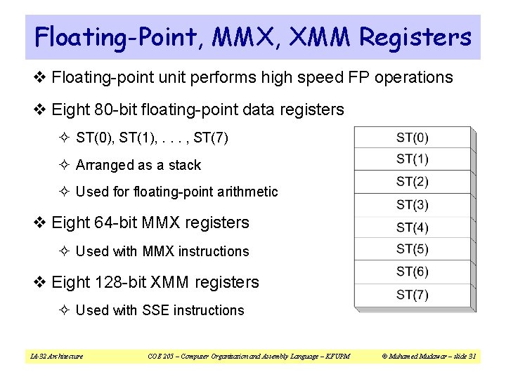 Floating-Point, MMX, XMM Registers v Floating-point unit performs high speed FP operations v Eight