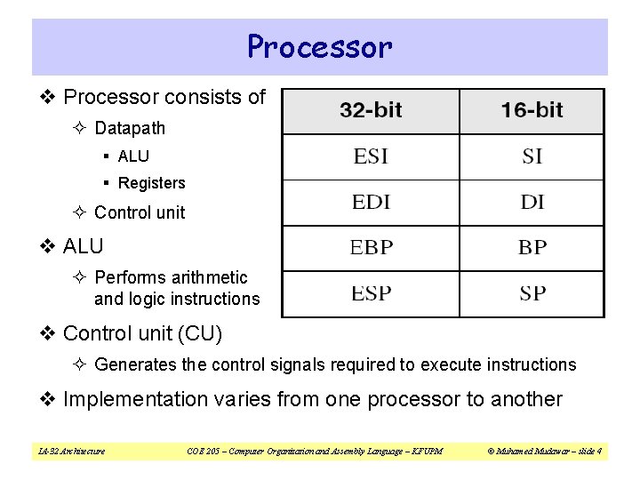 Processor v Processor consists of ² Datapath § ALU § Registers ² Control unit
