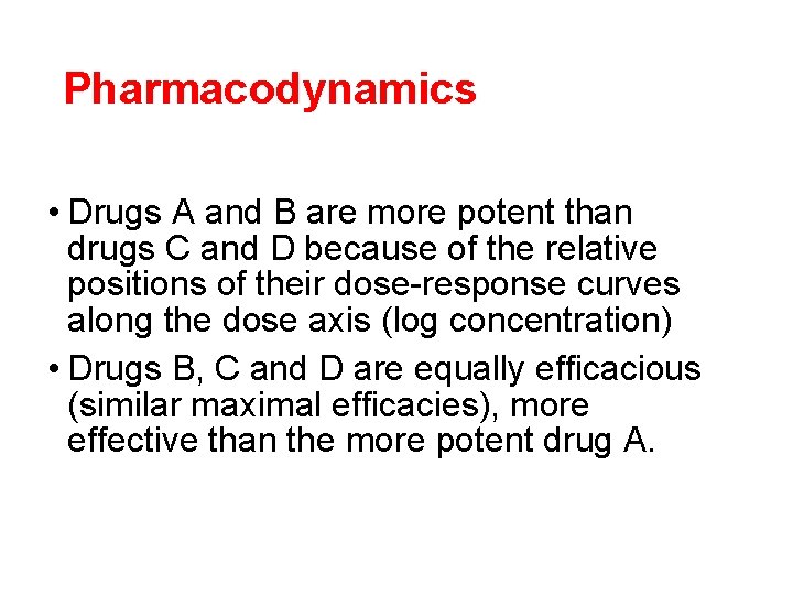 Pharmacodynamics • Drugs A and B are more potent than drugs C and D