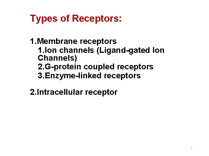 Types of Receptors: 1. Membrane receptors 1. Ion channels (Ligand-gated Ion Channels) 2. G-protein