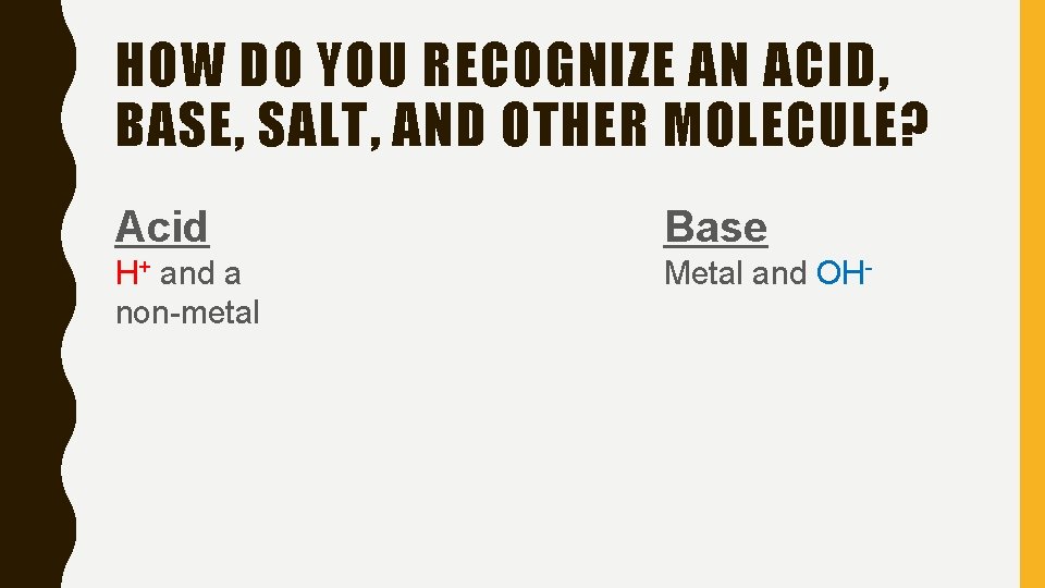 HOW DO YOU RECOGNIZE AN ACID, BASE, SALT, AND OTHER MOLECULE? Acid Base H+