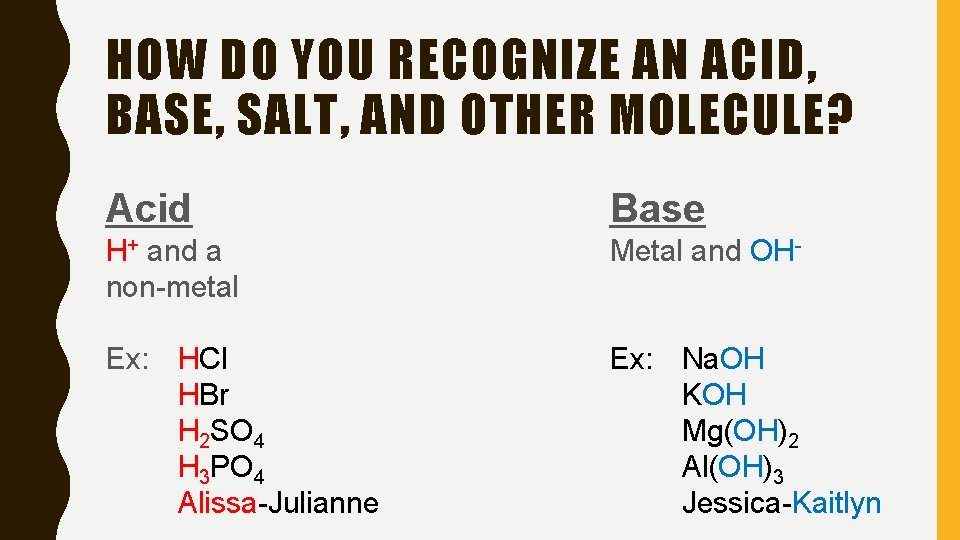 HOW DO YOU RECOGNIZE AN ACID, BASE, SALT, AND OTHER MOLECULE? Acid Base H+