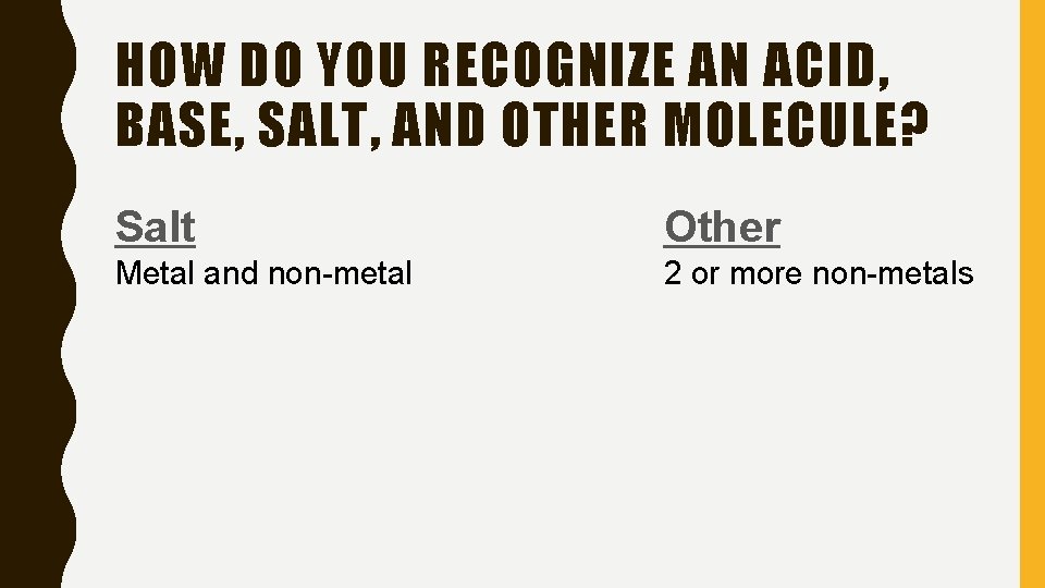 HOW DO YOU RECOGNIZE AN ACID, BASE, SALT, AND OTHER MOLECULE? Salt Other Metal