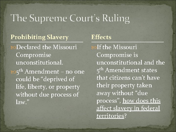 The Supreme Court's Ruling Prohibiting Slavery Effects Declared the Missouri If the Missouri Compromise