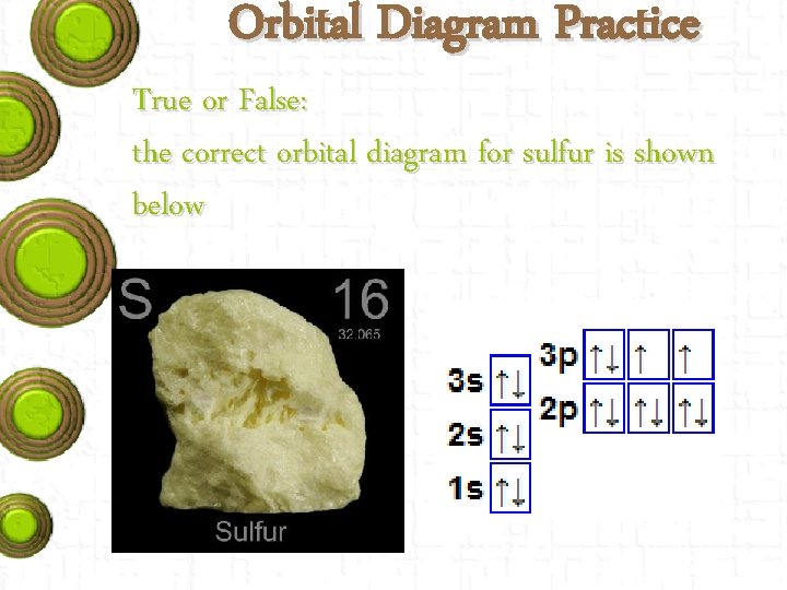 Orbital Diagram Practice True or False: the correct orbital diagram for sulfur is shown