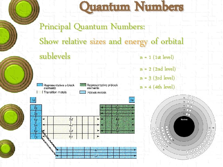 Quantum Numbers Principal Quantum Numbers: Show relative sizes and energy of orbital sublevels n