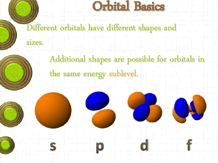 Orbital Basics Different orbitals have different shapes and sizes. Additional shapes are possible for