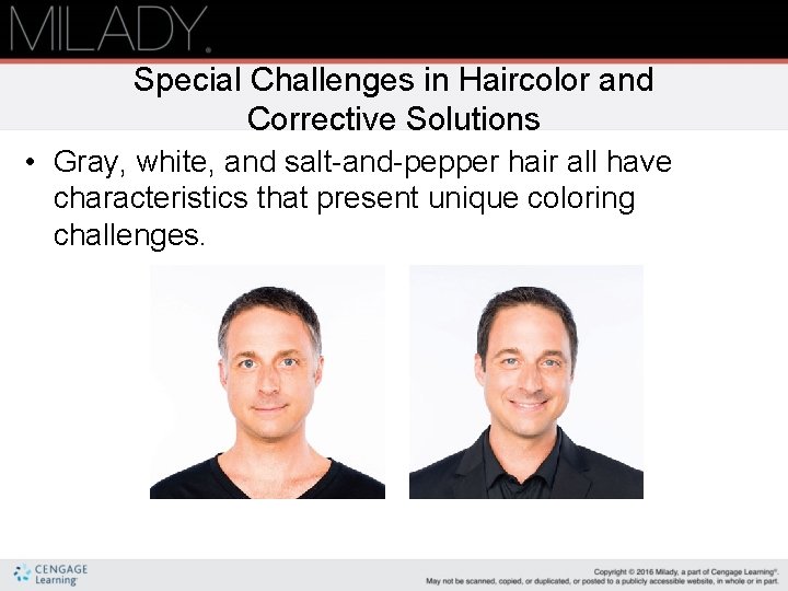 Special Challenges in Haircolor and Corrective Solutions • Gray, white, and salt-and-pepper hair all