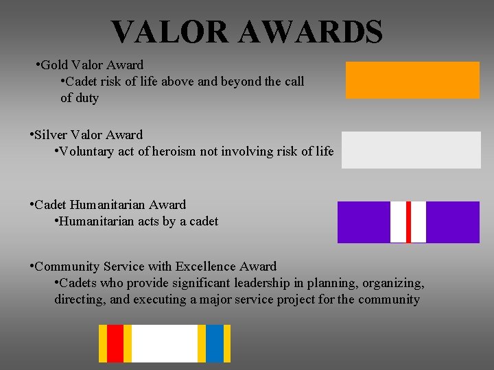 VALOR AWARDS • Gold Valor Award • Cadet risk of life above and beyond VALOR AWARDS • Gold Valor Award • Cadet risk of life above and beyond