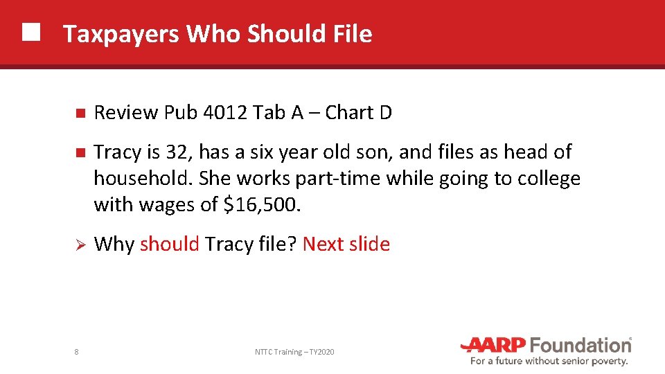 Taxpayers Who Should File Review Pub 4012 Tab A – Chart D Tracy is