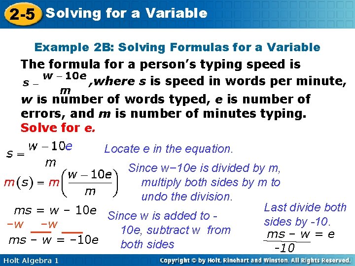 2 -5 Solving for a Variable Example 2 B: Solving Formulas for a Variable
