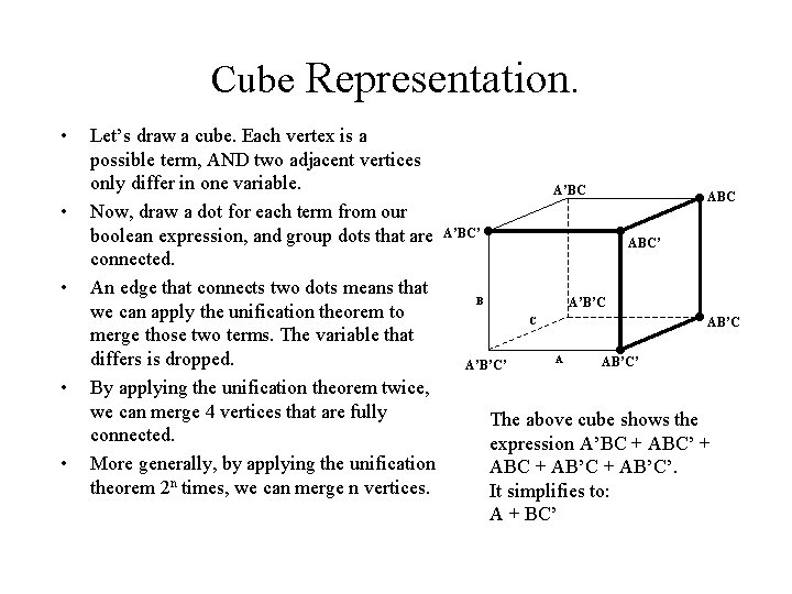 Cube Representation. • • • Let’s draw a cube. Each vertex is a possible