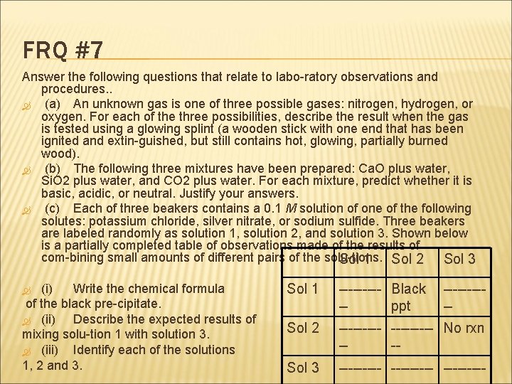 FRQ #7 Answer the following questions that relate to labo ratory observations and procedures. FRQ #7 Answer the following questions that relate to labo ratory observations and procedures.