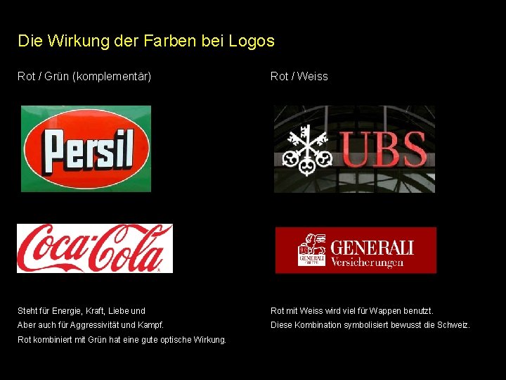 Die Wirkung der Farben bei Logos Rot / Grün (komplementär) Rot / Weiss Steht Die Wirkung der Farben bei Logos Rot / Grün (komplementär) Rot / Weiss Steht