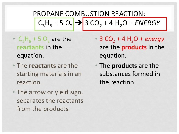 PROPANE COMBUSTION REACTION: C 3 H 8 + 5 O 2 3 CO 2
