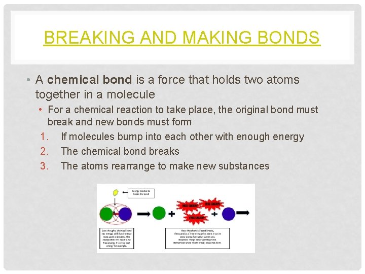 BREAKING AND MAKING BONDS • A chemical bond is a force that holds two