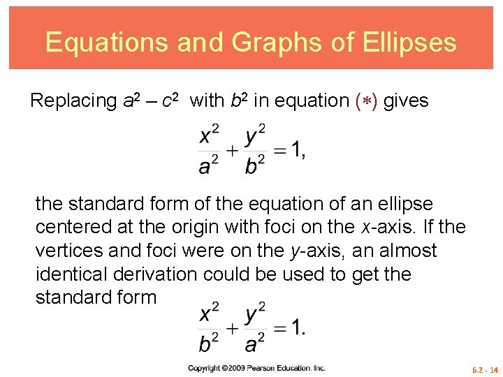 Equations and Graphs of Ellipses Replacing a 2 – c 2 with b 2