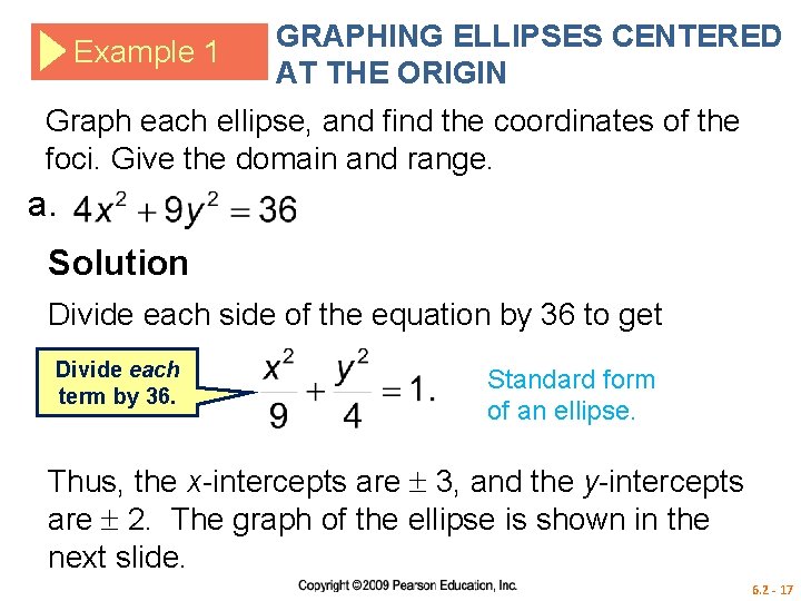 Example 1 GRAPHING ELLIPSES CENTERED AT THE ORIGIN Graph each ellipse, and find the