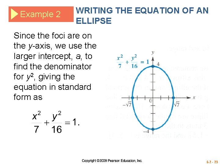 Example 2 WRITING THE EQUATION OF AN ELLIPSE Since the foci are on the