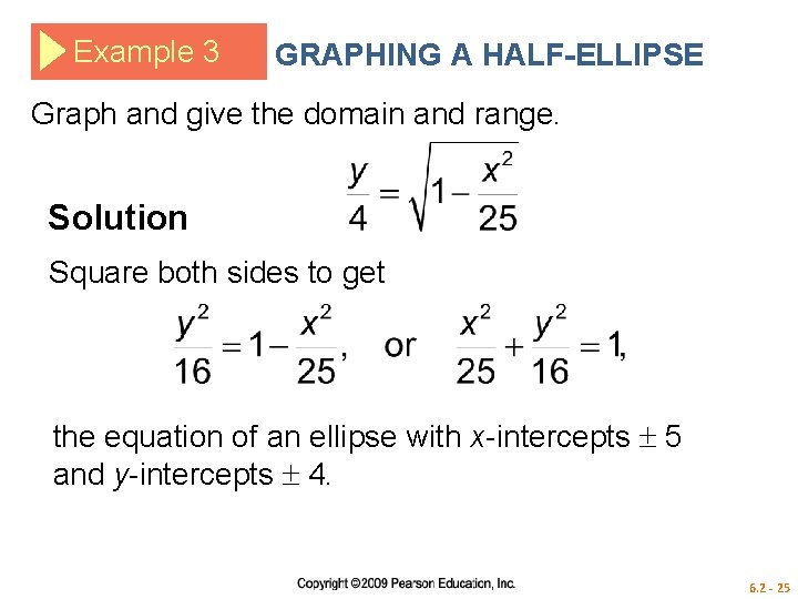 Example 3 GRAPHING A HALF-ELLIPSE Graph and give the domain and range. Solution Square