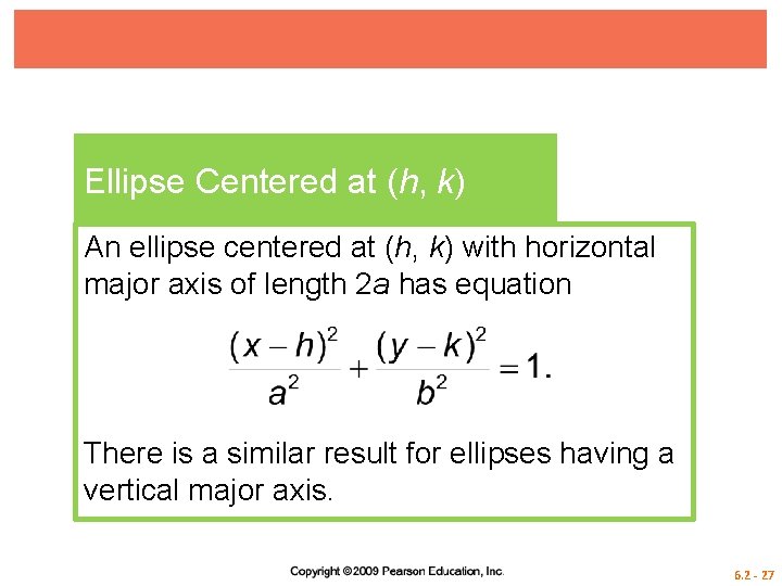 Ellipse Centered at (h, k) An ellipse centered at (h, k) with horizontal major