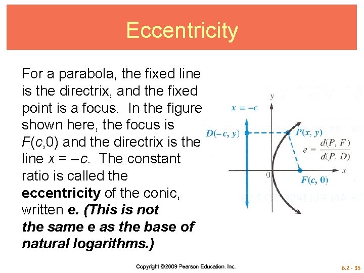 Eccentricity For a parabola, the fixed line is the directrix, and the fixed point