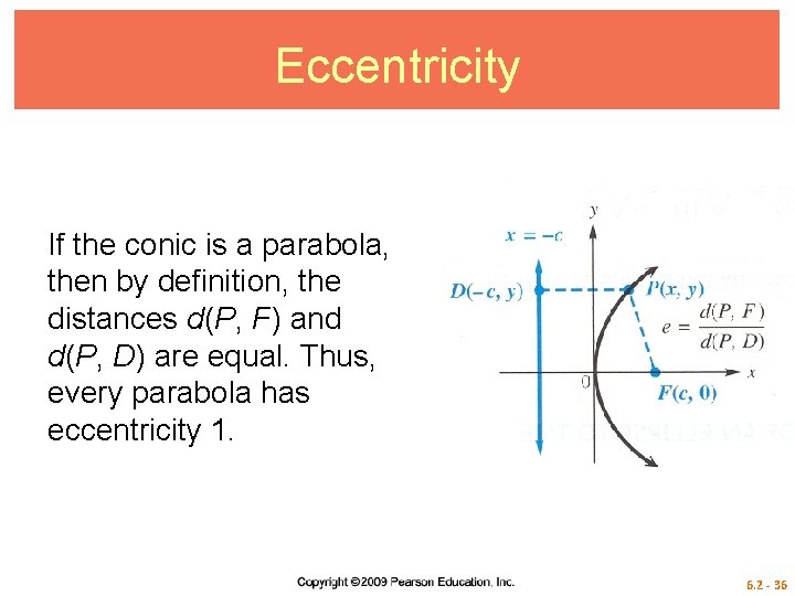Eccentricity If the conic is a parabola, then by definition, the distances d(P, F)