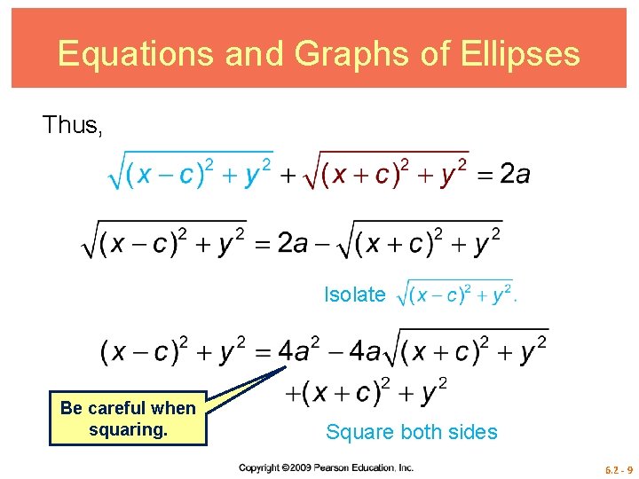 Equations and Graphs of Ellipses Thus, Isolate Be careful when squaring. Square both sides