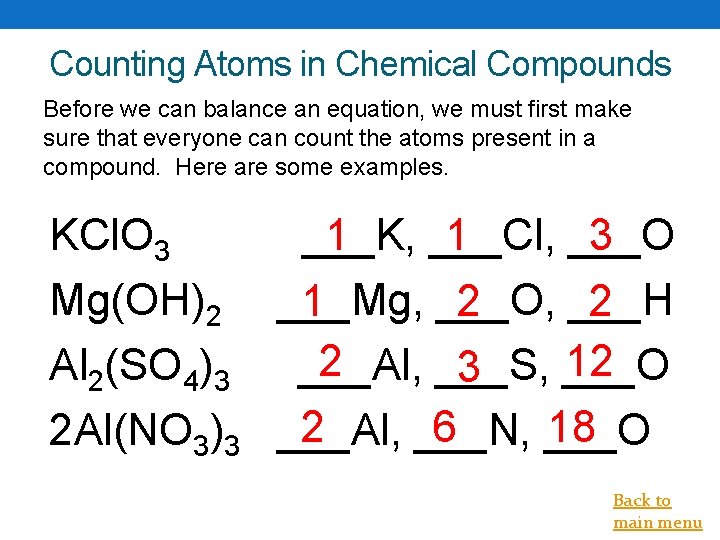 Counting Atoms in Chemical Compounds Before we can balance an equation, we must first