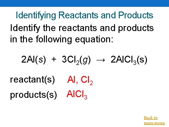 Identifying Reactants and Products Identify the reactants and products in the following equation: 2